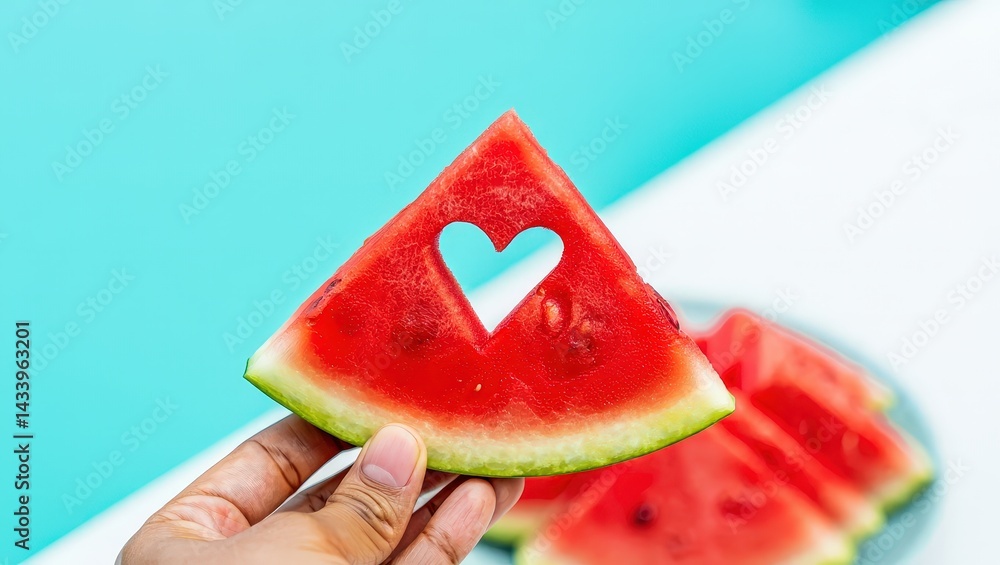 Poster a slice of watermelon is being held up to show the heart shape formed by its seeds.