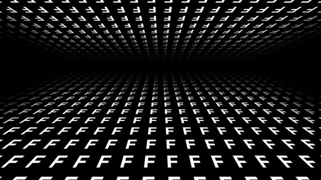 retro futuristic background animation of space tunnel travel ship pov perspective movement of alphabeth letter F