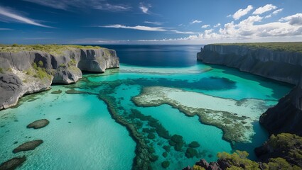 Emerald lagoon embraced by rugged cliffs and sky
