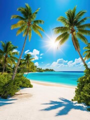 Obraz premium A stunning tropical beach scene featuring palm trees, bright blue water, and a clear sky, evoking a sense of relaxation and paradise.