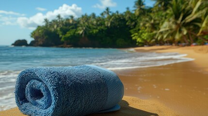 Beach scene with rolled towel on the sand