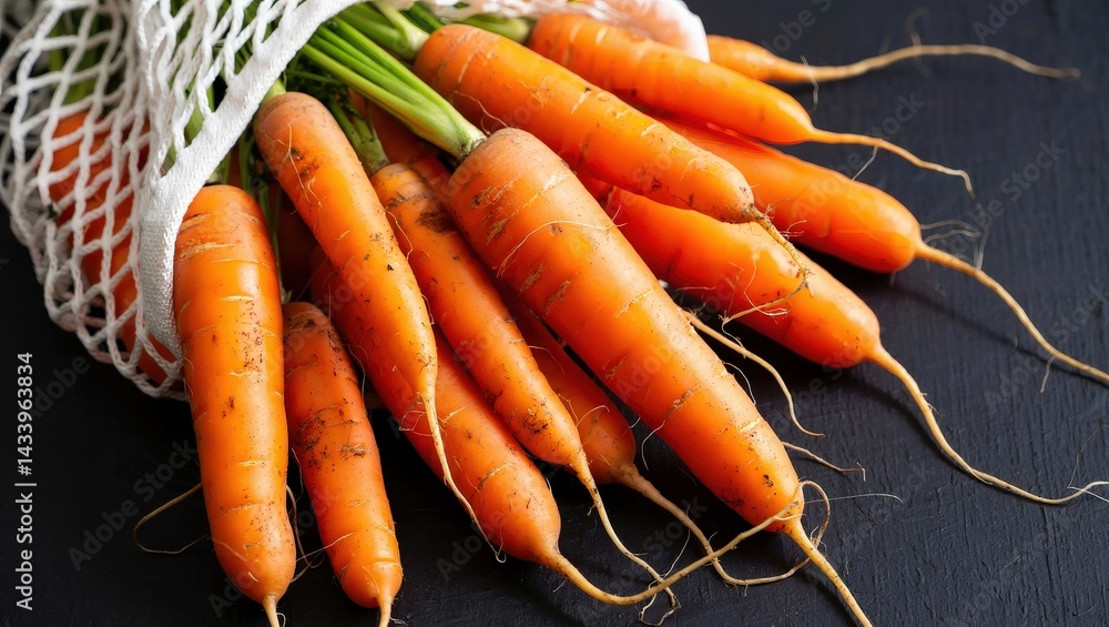 Poster a bunch of fresh carrots in a net bag on a black background.