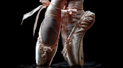 Obraz premium Close-up of a ballet dancers feet in pointe shoes with pink ribbon on a wooden floor background