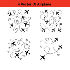 Airplane route to location pin. Plane travel concept with pins for maps, GPS points. Travel from start point and dotted line tracing.