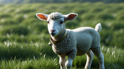 Fototapeta premium Lamb in the Meadow: A sweet and innocent lamb with a golden bell around its neck frolics playfully in a lush green meadow, its fluffy white fur and bright eyes illuminating the idyllic scene.