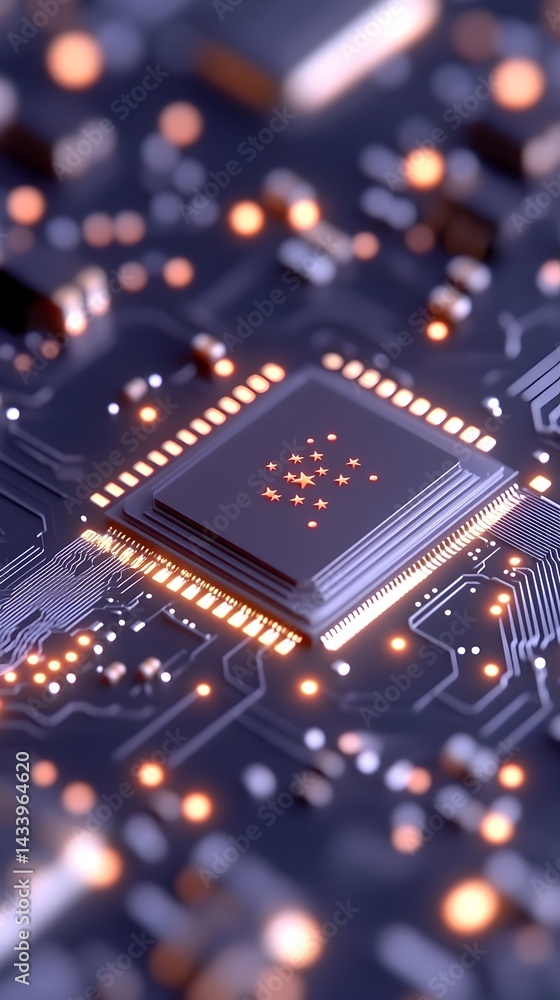 Poster close-up of a microchip on a circuit board, glowing circuitry details