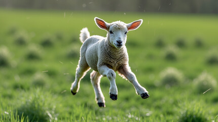 Fototapeta premium Joyful Leap of a Lamb: A single adorable lamb leaps with pure delight in a sun-drenched field of green. capturing the pure joy and triumph of springtime.