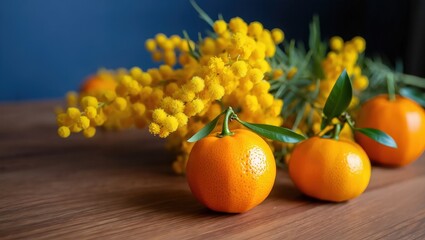 Three oranges on a wooden surface, surrounded by yellow flowers.