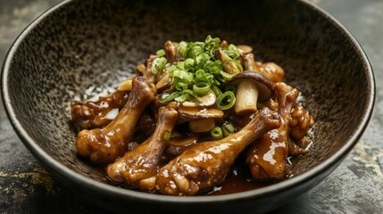 Dark Brown Bowl of Chicken Drumsticks in Rich Sauce Topped with Mushrooms and Green Onions