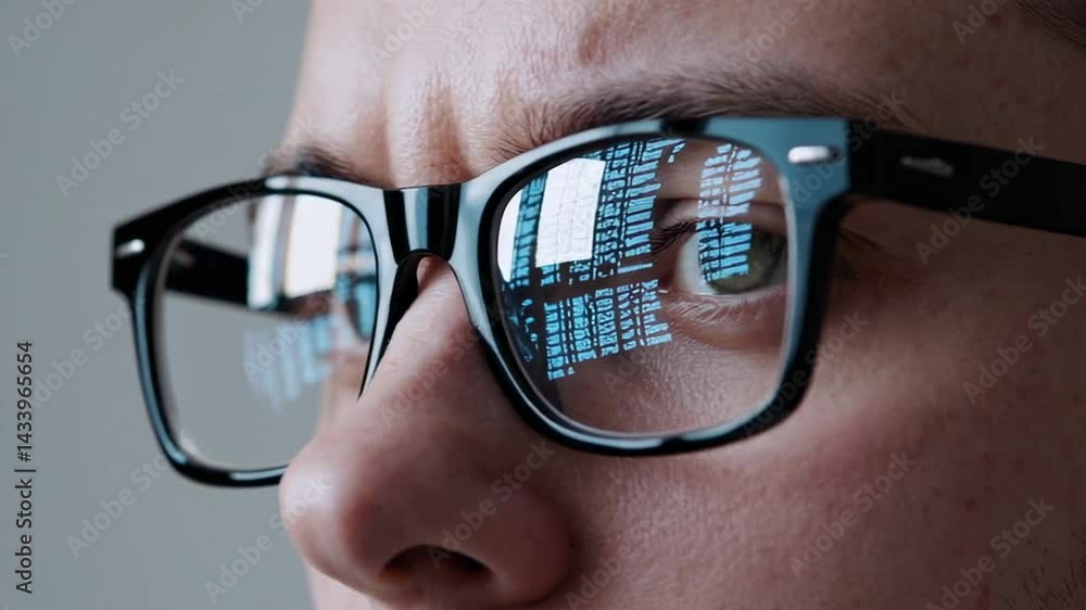 Poster Innovative technology is reflected in the glasses of a focused programmer, showcasing the complex code that drives modern software development