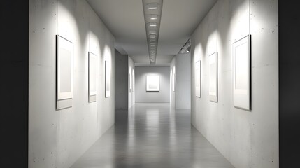 Fototapeta premium vacant hallway staged as a gallery space with thin-framed digital art panels, smooth spotlight lighting, and crisp white walls.