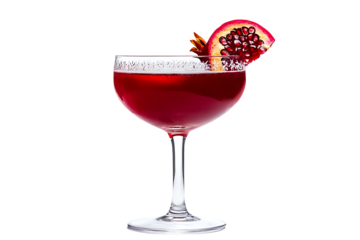 A red cocktail in a stemmed glass garnished with a slice of pomegranate on a black background scene view