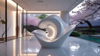 Modern elegant sculpture, organic flowing shape, white translucent material, interior glow, glass-walled building, Japanese garden view, cherry blossoms, reflective surfaces, contemporary art installa