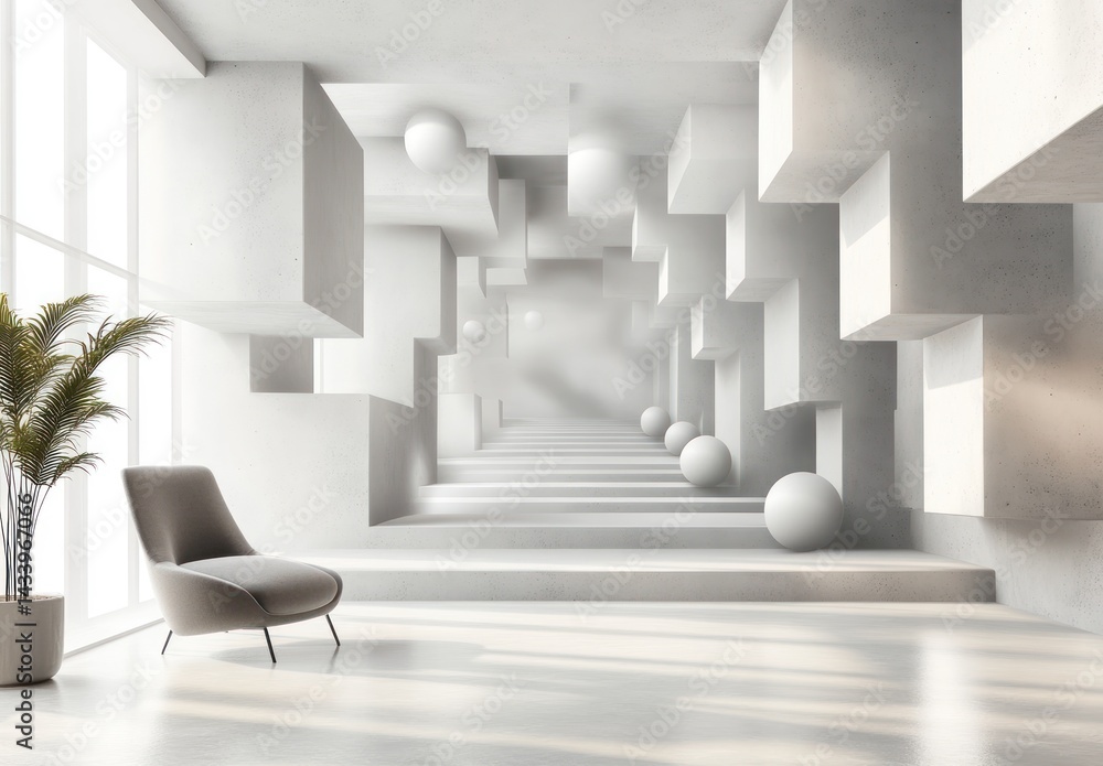 Poster modern minimalist interior design featuring geometric shapes and soft textures with a serene atmosph