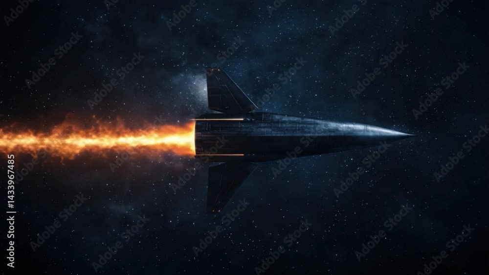 Poster futuristic spaceship soaring through deep space with vibrant flames and stars in the background
