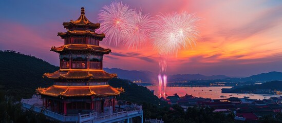 Fototapeta premium Pagoda fireworks sunset lake vista
