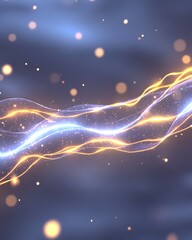 Glowing, wavy energy stream with light particles on dark blue background