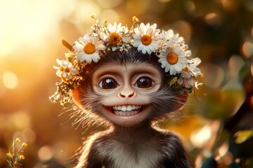 Golden hour in sunset. Summer happiness. Cute baby animal hanuman langur wearing primal flower wreath on its head. Peaceful wild animal in nature. Sun-drenched wild animal portrait.