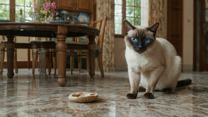 Siamese Cat Relaxing on Marble Floor