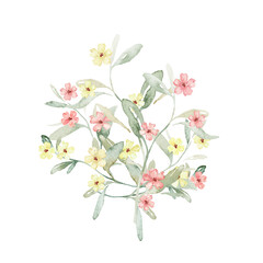 Watercolor composition of yellow and pink flowers spots and green leaves. Hand drawn illustration buds on isolated white background. Soft pastel iridescent watercolors.