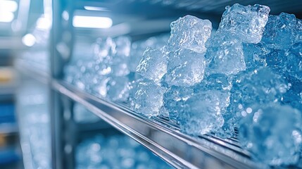 Ice cubes stacked on industrial shelves