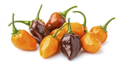 Fresh orange and brown habanero chili peppers on a white background. Generative AI