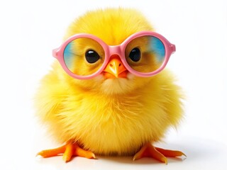 Fototapeta premium Cute Yellow Chick Wearing Funny Sunglasses, Isolated on White Background - Adorable Baby Bird Stock Photo