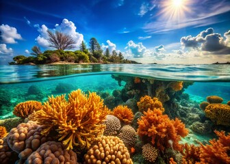 Vibrant Orange Coral Reef in Crystal Clear Water - Underwater Stock Photo