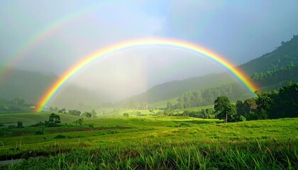 Obraz premium A vibrant rainbow arching across a misty valley, the spectrum reflecting over lush green fields.