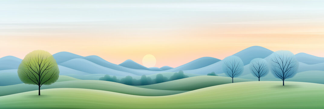 Cute Cartoon Vector Illustration in Flat Style of  Meadow and Distant Trees: landscape, horizon and the sun rising in the sky,soft pastel colors ,summer dawn with copy space,Minimal.