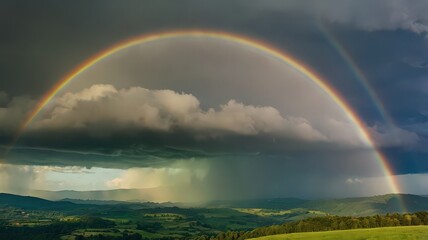 Full rainbow arc over a green landscape with trees and clouds