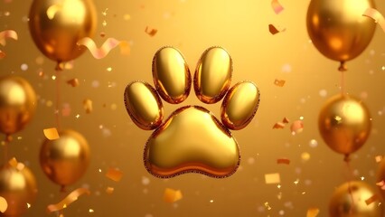 Golden paw shaped balloons on festive golden background