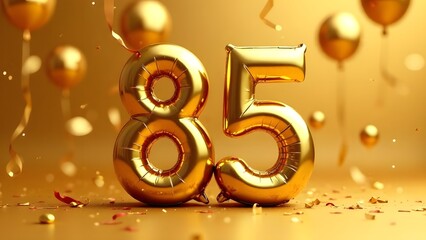 Golden balloons in the shape of the number 85 on a festive golden background
