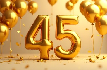 Golden balloons in the shape of the number 45 on a festive golden background