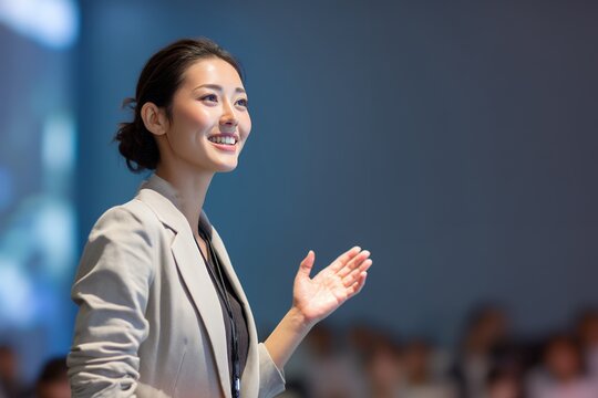 壇上でプレゼンする日本人女性講師