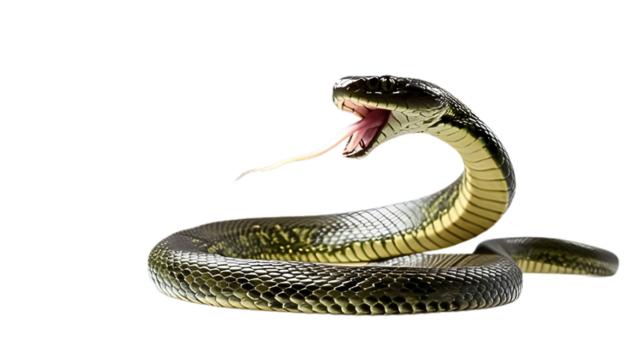 Realistic snake ready to attack. Transparent white background. Design elements for Compositing, covering and overlay.