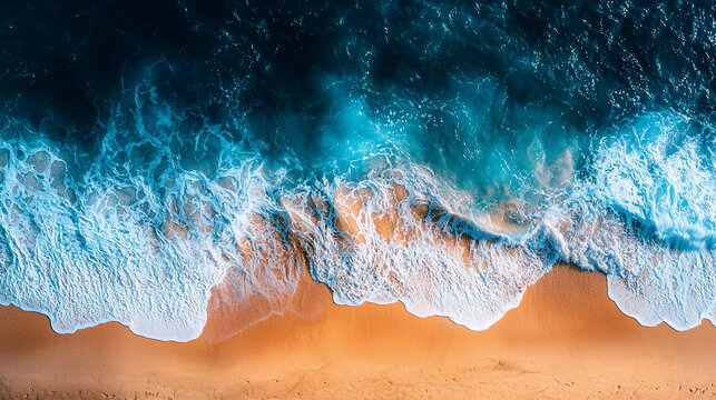 Aerial view of ocean waves crashing on sandy beach at sunset