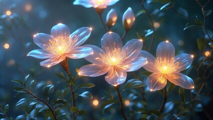 Ethereal blossoms radiating light among lush greenery