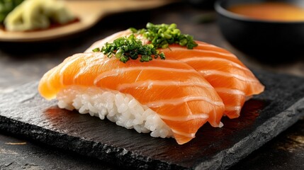 Fresh salmon nigiri sushi on a slate plate.  Garnished with green onions