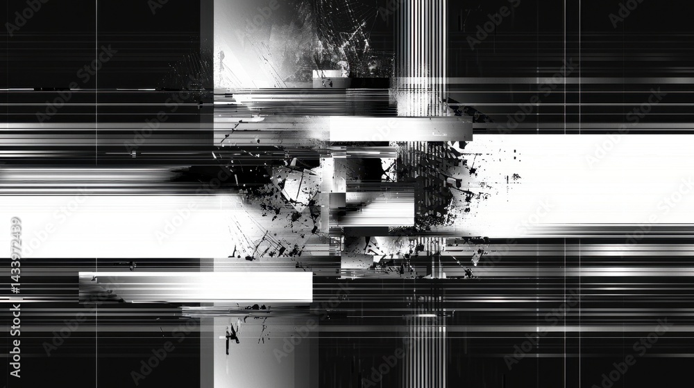Poster abstract background with broken digital signals and grayscale glitch