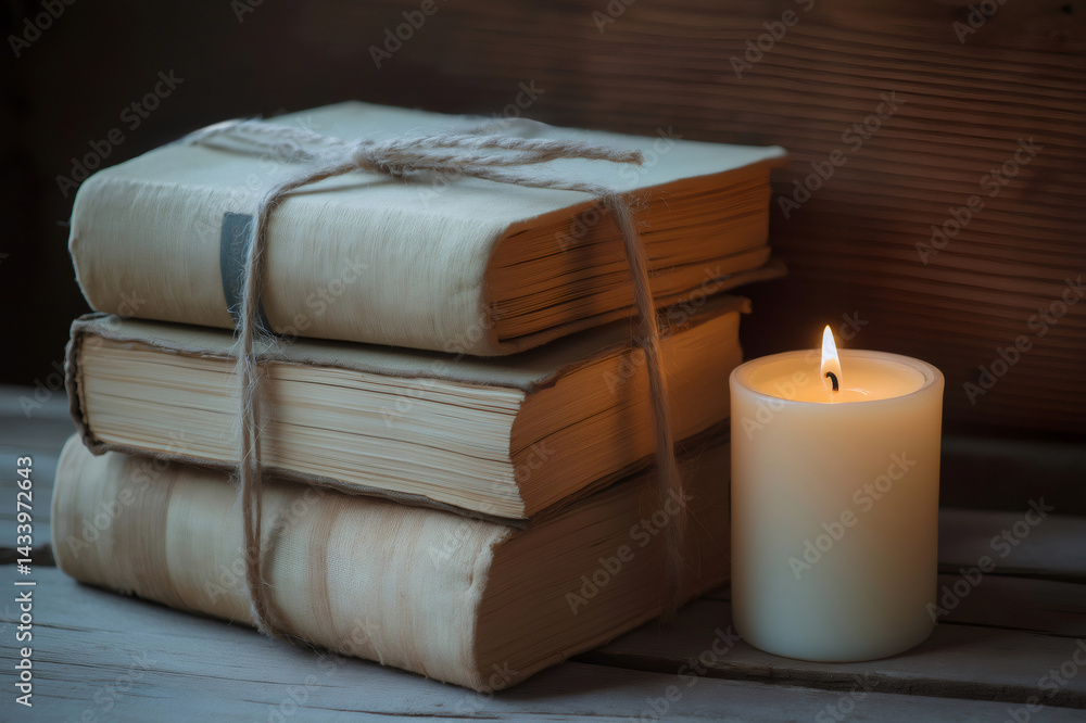 Aufkleber stack of old books tied with twine sits on a wooden table near a burning candle, creating a cozy and