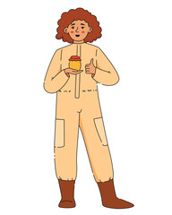 Woman beekeeper in protective suit holding fumigating bee hive with smoke