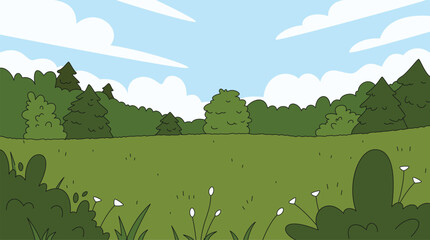 Landscape spring summer meadow in forest with flowers, grass field with blue sky, cloudy background