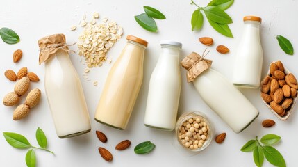 Variety of Nut and Plant-Based Milks with Nuts and Oats on a Light Background