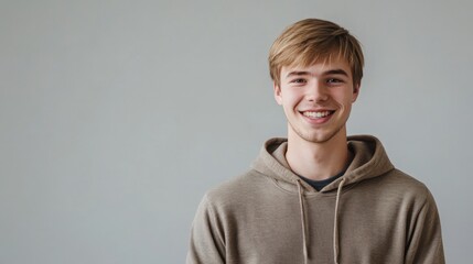 Young man smiling in casual hoodie against gray wall (1)