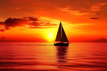 Sailboat sailing across a calm ocean during a vibrant, fiery sunset, creating a serene and picturesque scene