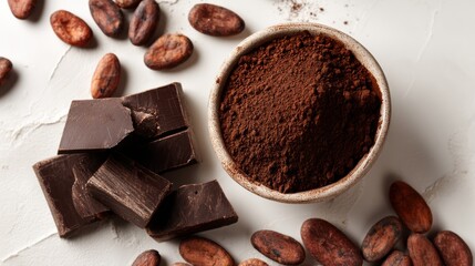 Rich Dark Chocolate and Cocoa Powder Surrounded by Cocoa Beans on Light Background