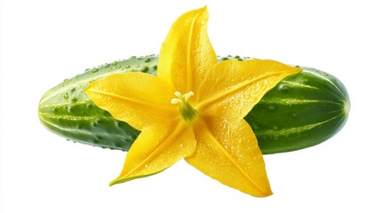 Fototapeta premium Fresh Green Cucumber and Vibrant Yellow Flower on White Background