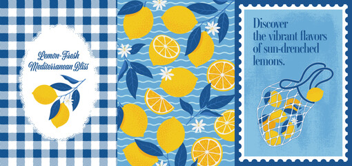 Lemons Poster in Mediterranean style. Vector illustration in flat style of citrus, cut fruits, traditional pattern