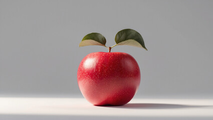 An apple with two leaves on the stem that looks detailed with a red color which indicates it is perfectly ripe when taken in the photo from the front